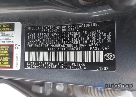 2012 Toyota Camry Se from USA, damaged, VIN 4T1BF1FKXCU087811